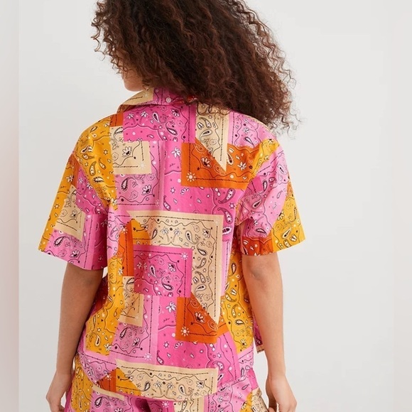 NWT Aerie Poplin Cotton Novelty Paisley Patchwork Button Front Pajama PJ Top XS - Picture 2 of 16